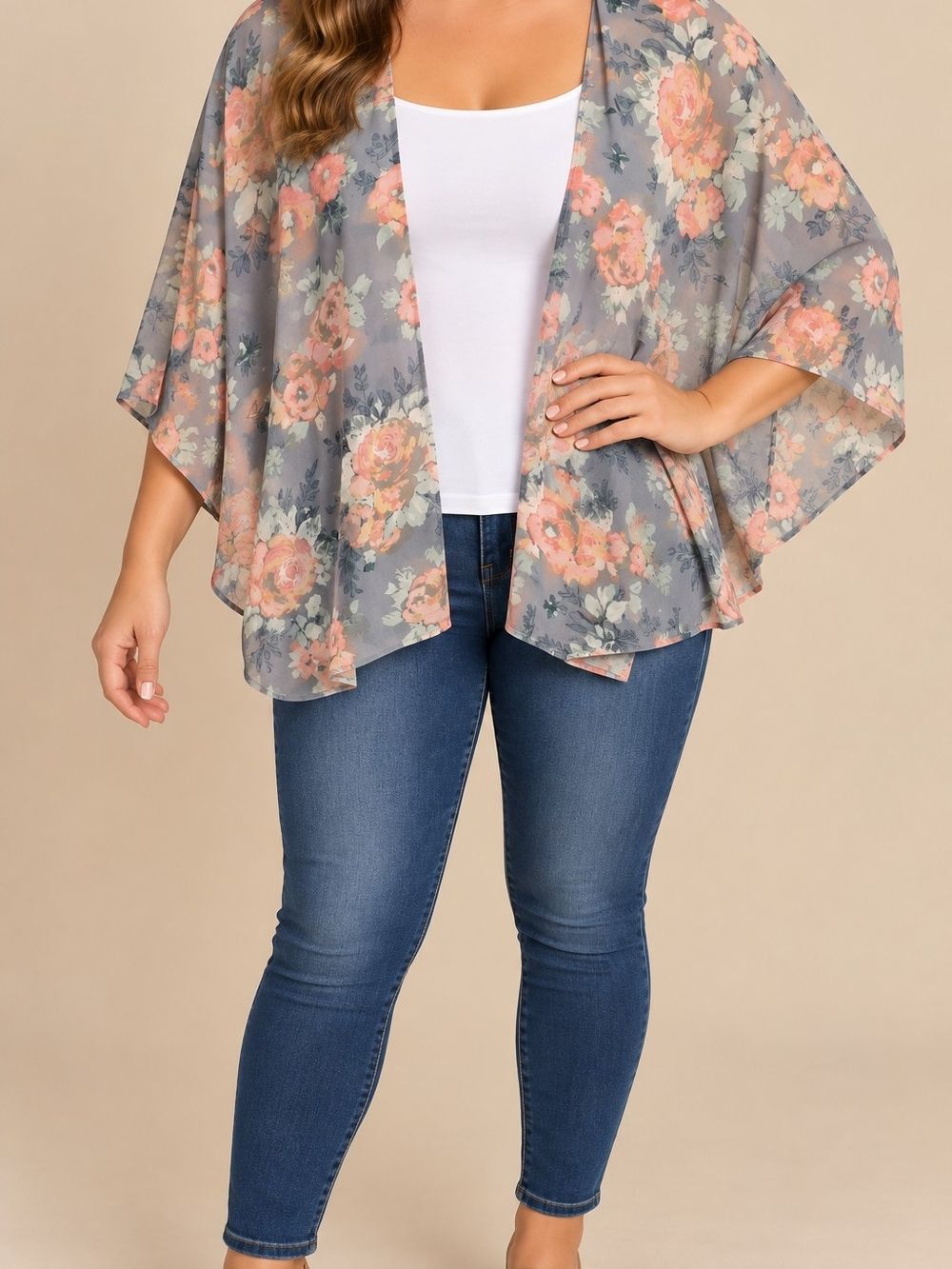 Torrid 1X Floral Blouse Kimono top sheer Gray Peach Rose Boho Floral